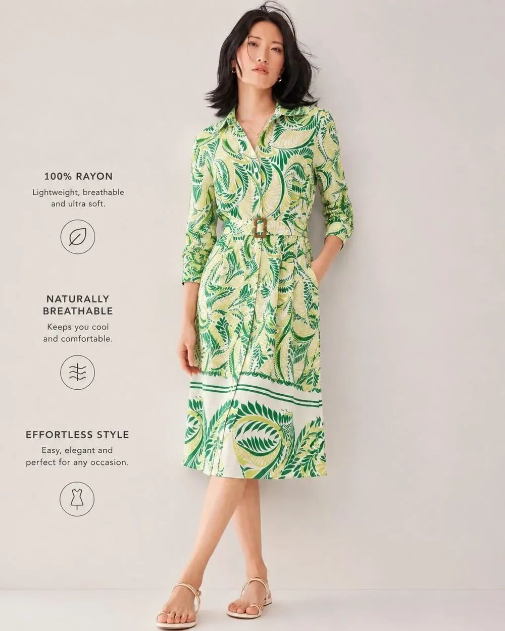 Fig + Flower Tropical Leaf Print Shirt Dress Belted Size M Green Resort Wear